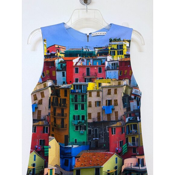 Alice + Olivia Clyde Shift Mini Dress Italian Landscape Rainbow Buildings 8 - Picture 5 of 15